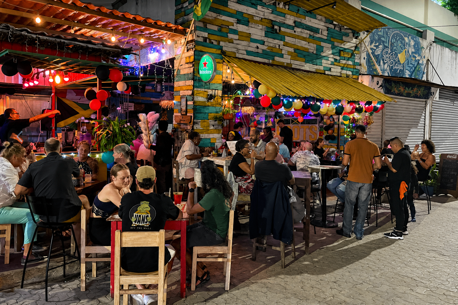 Guests dining on the string-lit patio at Roots Jamaican Kitchen in Playa del Carmen on a Friday reggae night, surrounded by Jamaican flag colors and Caribbean decor